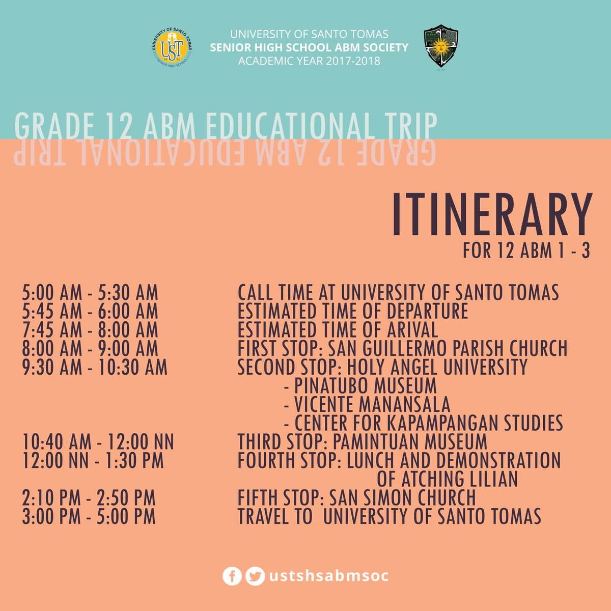 UST SHS ABM Society on Twitter "Here’s the itinerary for sections 12 ABM 13. Enjoy your field