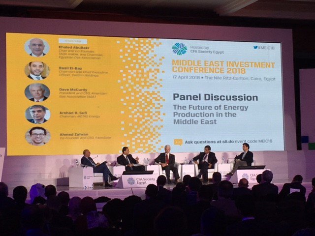 CFAinstitute's tweet photo. What is the future of energy production in the Middle East? An interesting debate at the 2018 Middle East Investment Conference in Cairo. Thanks to @EgyptCFA for hosting an informative, thought-provoking conference #MEIC18 https://t.co/IUM40TouSp