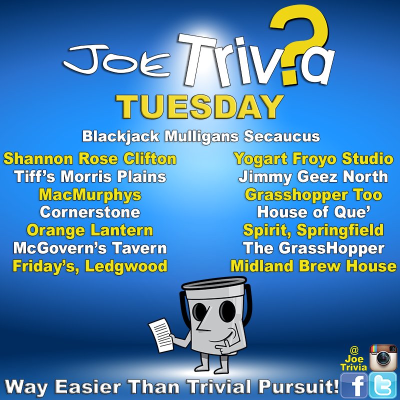 joetrivia's tweet photo. #TuesdayTrivia! Find us tonight at the following locations
#JoeTrivia #JTBuckets #Trivia #PubTrivia #BarTrivia #TriviaNight #NJTrivia #TeamTrivia #Ridgewood #MorrisPlanes #Wayne #Clifton #Newark #Paramus #Hillsdale #Cedargrove #WestMilford #Secaucus #Saddlebrook #Hoboken #Vernon https://t.co/dsIVlwWqMT
