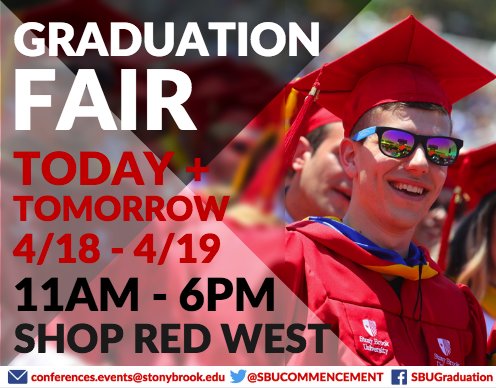 SBUCommencement's tweet photo. Hey Graduates! Grad Fair starts TODAY in Shop Red West. Visit us from 11AM-6PM today or tomorrow for your chance to win a FREE cap and gown! https://t.co/N3TXQ5jrfv