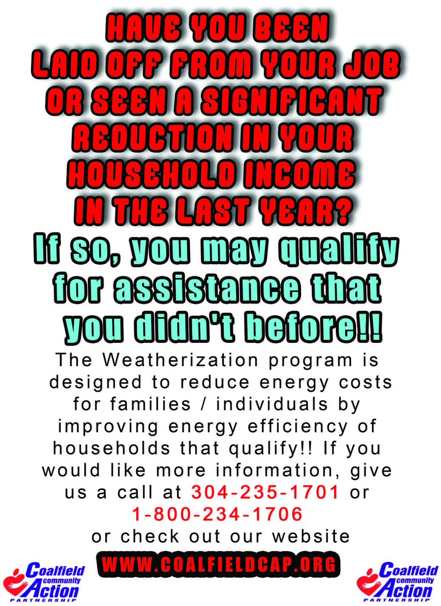 CoalfieldCAP's tweet photo. Do you qualify for Weatherization assistance? Contact us at 304-235-1701 for further information. #CoalfieldCAP #WeatherizationWorks #Weatherization #BooneCountyWV #ClayCountyWV #KanawhaCountyWV #MingoCountyWV https://t.co/Rh6efEEC45