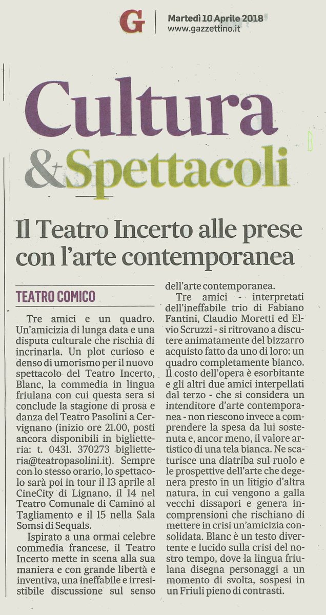 CSSUdine's tweet photo. Oggi ore21
#Cervignano @TeatroPasolini
Tre amici e un quadro.Completamente bianco.Un’amicizia di lunga data e un'irresistibile disputa sul senso dell’arte contemporanea
#BLANC la nuova brillante commedia del #TeatroIncerto
#FabianoFantini #ClaudioMoretti #ElvioScruzzi @Gazzettino https://t.co/6xiECfOFoF