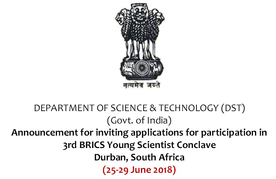 BRICSlics's tweet photo. .@DSTIndia invites Applications for participation in 3rd BRICS Young Scientist Conclave at #Durban #SouthAfrica
25-29 June #BRICS2018
Last Date: 30 April
#BRICSYSF #BRICSYSF2018
https://t.co/HZpUlGkR2p https://t.co/qYFnefT5yU