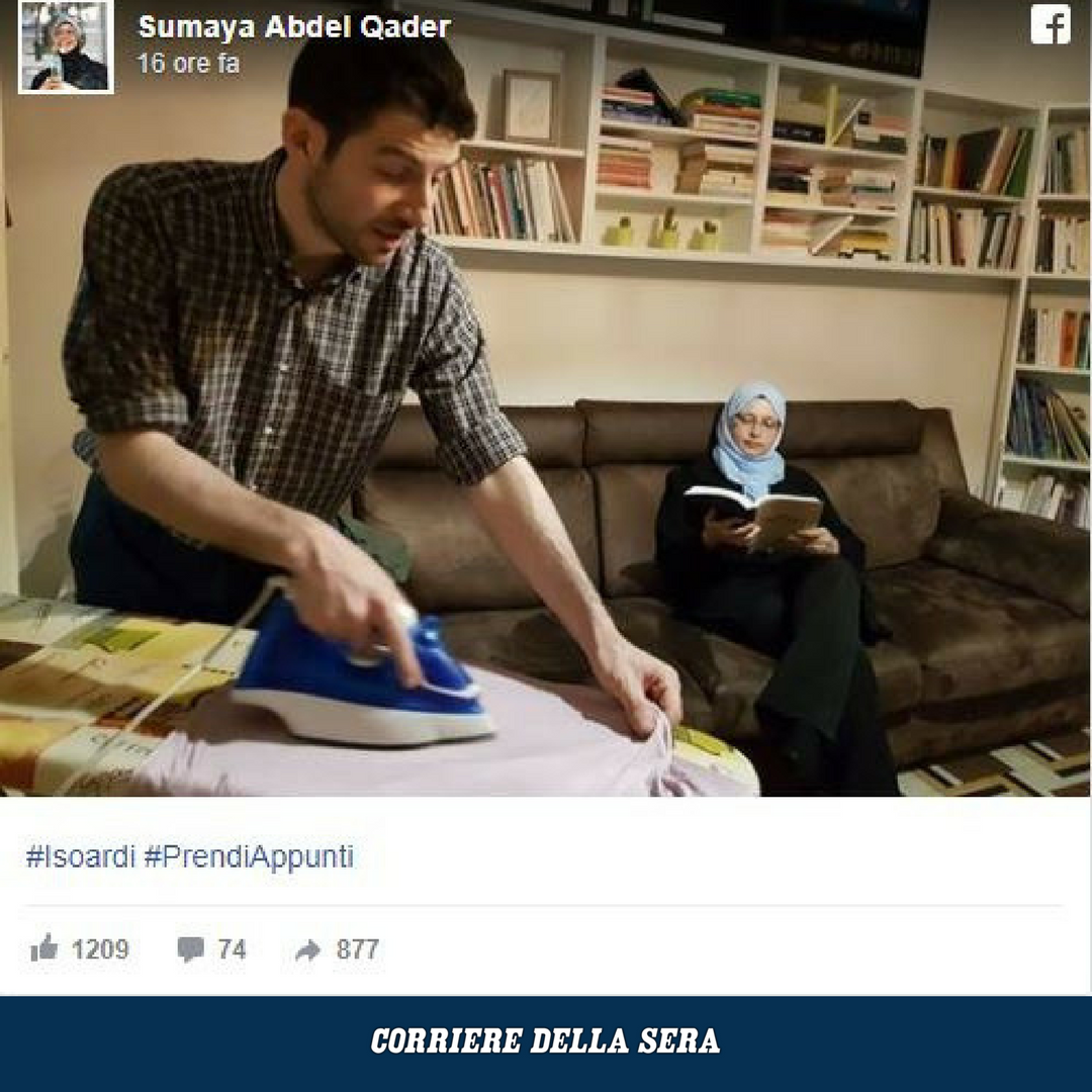 Corriere's tweet photo. Dopo il post di Elisa Isoardi in cui stirava le camicie del fidanzato leghista Matteo Salvini arriva la risposta della consigliera comunale islamica Sumaya Abdel Qader. Che ne pensate? https://t.co/FY8Ag1Tk35