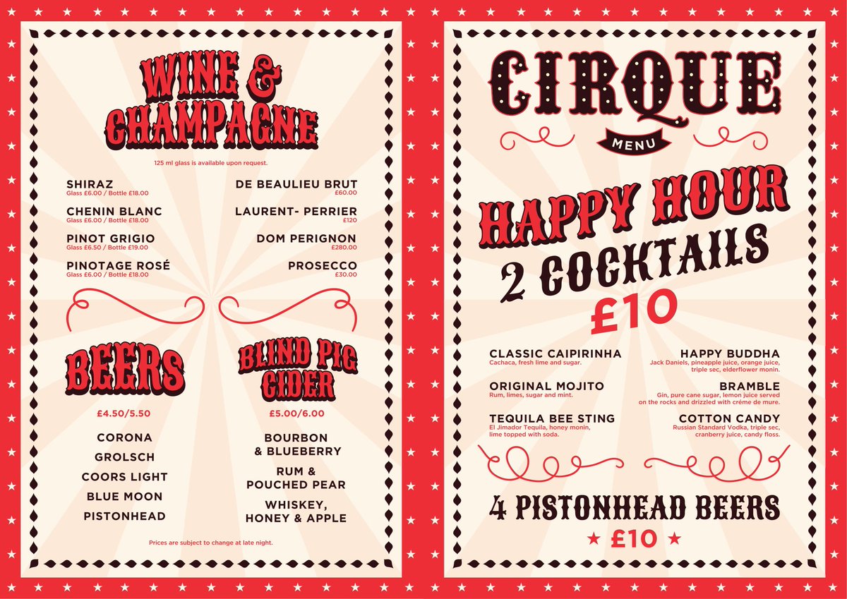 CirqueBar's tweet photo. ** Happy Hour At Cirque! ** #menu #cocktails #spirits #cirque https://t.co/NdtqoTYGyd