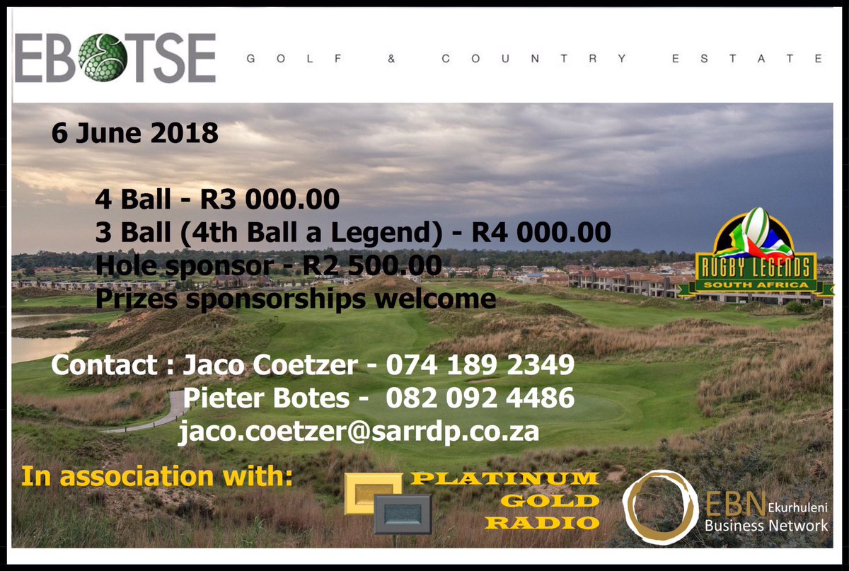 platinumgoldSA's tweet photo. 3rd Annual Legends Golf Day taking place at @EbotseLinks on the 6 June 2018
Powered by @PlatGoldRadio and @EBNetworking 

Contact : Jaco Coetzer - 074 189 2349 | jaco.coetzer@sarrdp.co.za
Pieter Botes : 082 092 4486

#PlatinumGoldLovesSA https://t.co/FxVKd6rB22