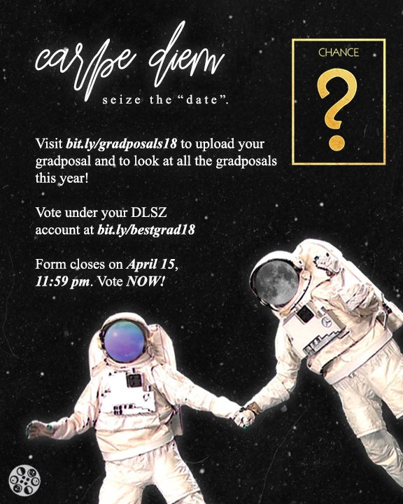GradBallComm18's tweet photo. Don’t worry about the future and live in the now with your date. Presenting, Carpe Diem! 🌟

All gradposals at https://t.co/5qlNtzgVo2

Vote now at https://t.co/EMuXrPfL2l !! https://t.co/7sa2NYxZuY
