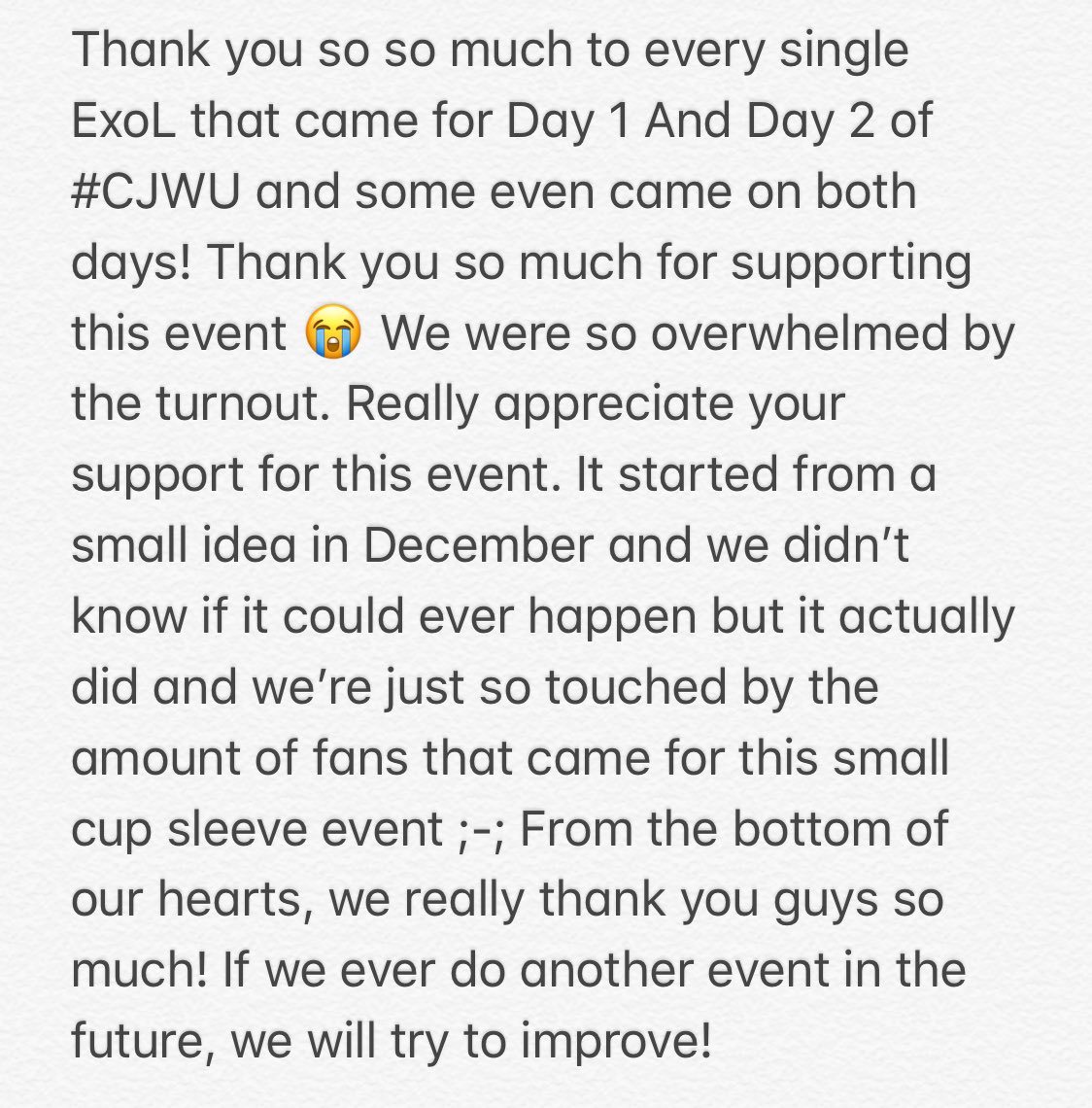 exosgproject's tweet photo. Thank you so much for the past 2 days everyone! ^^ #CJWU https://t.co/s0sl5BLqhj