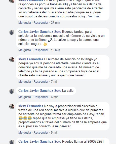 Meritxellfn's tweet photo. @easyrepair2 seguimos con el surrealismo. Me pregunto qué clase de atención al cliente es esta. Un empleado que me contacta desde su FACEBOOK personal, sin acreditación alguna, pidiéndome mi dirección de y nº de teléfono en una plataforma totalmente pública. https://t.co/DipcO5SDnv