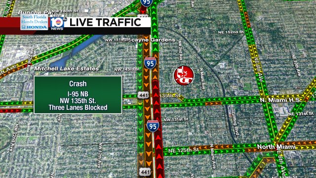 CRASH: I-95 NB & NW 135th St. Three lanes are blocked and delays are stretching for about 5 miles. #TRAFFIC #MIAMI https://t.co/FH7kVm9vwY