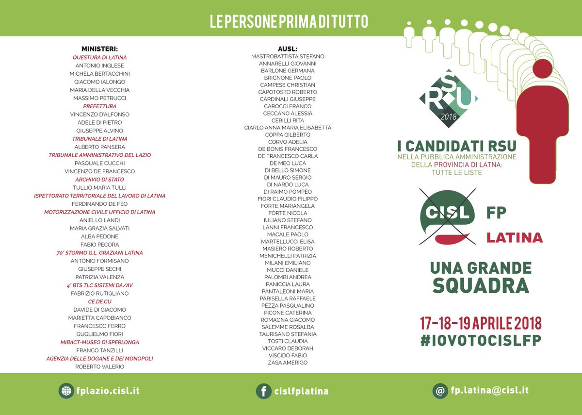 CislFpLatina's tweet photo. #Latina, una grande squadra per il rinnovo delle #Rsu2018
Ecco tutte le candidate e i candidati @CislFpLatina di #ministeri, #agenziefiscali, #epne, #autonomielocali e #sanità.
17-18-19 aprile 2018 #iovotocislfp
#ilmiolavorovale https://t.co/BiGylRNfJv