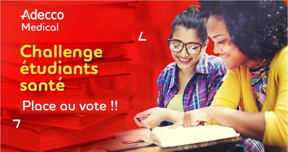 AdeccoMedical's tweet photo. Challenge Etudiants Santé : 5 projets ont été retenus ! Maintenant, place au vote ! 🏆🏆😀
Likez sur notre page #Facebook le #projet qui vous tient le plus à cœur et tentez de faire gagner l'équipe de votre choix ! 
Ça se passe ici ▶️ https://t.co/WjHnHSUi7C https://t.co/yXWZIdaZs2