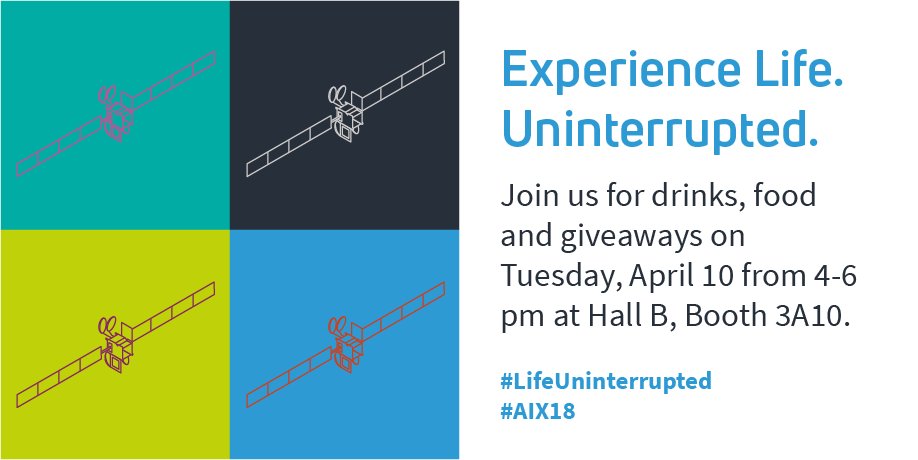 viasat's tweet photo. If you've got a busy #AIX18 day ahead of you, don't forget that we will have drinks, food and prizes at booth 3A10 from 4-6 p.m. Come say hi and relax! #LifeUninterrupted https://t.co/DnUN1lgp4i