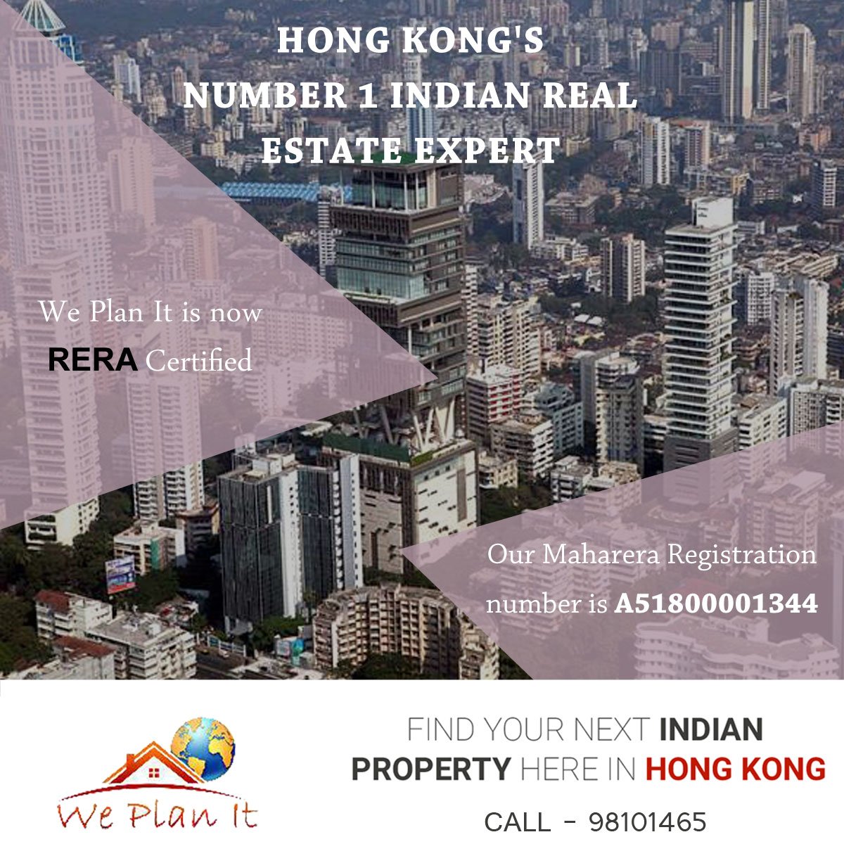 WePlanItHK's tweet photo. HONG KONG'S NUMBER 1 INDIAN REAL ESTATE EXPERT. 
Meet us, We are #RealEstate Advisory in #HongKong For #IndianProperty #WePlanItHK 
Visit for more : https://t.co/cx5QJV8jbx 
We Plan It now RERA Certified 
#Investment #Home #SecondHome #NRIInvestment https://t.co/zELGvY982T