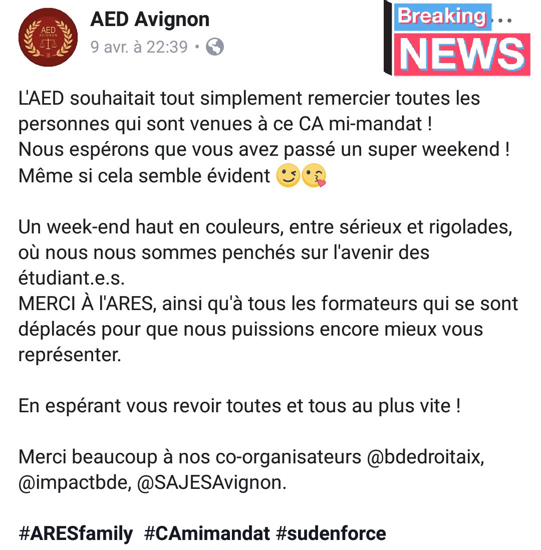 AEDAvignon's tweet photo. L'AED est fière d'avoir co-organisé ce CA mi-mandat grand sud avec @BDE_Droit_Aix @BDE_IMPACT @SAJES_Avignon 🤝👏

Cc @fede_ARES 

👇👇👇

https://t.co/6yxV7Bryw5 https://t.co/hkBmRHNvYM