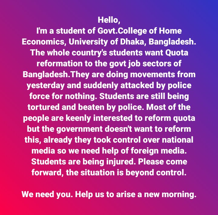 Rownak01's tweet photo. PLEASE HELP US
@BBCWorld 
@CNN 
@AlJazeera_World 
@ReutersWorld 
#ReformQuotaBD 
#QuotaReformProtest https://t.co/JdSO3XEO5n