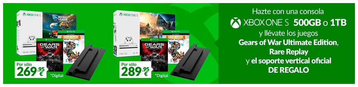 VideojuegosGAME's tweet photo. Si no tienes una XBOX ONE... mira, mira lo que te traemos por aquí ( ͡° ͜ʖ ͡°)
👉 Xbox One S 500GB o 1TB a elegir.
+ Soporte vertical de regalo.
+ #RareReplay y #GOWUltimate de regalo.
https://t.co/8kqdTFzAR6 https://t.co/Q4XNz0g5Yf