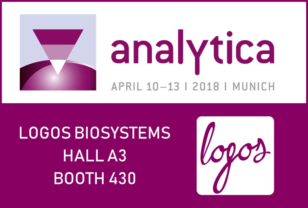 LogosBiosystems's tweet photo. Hey everyone at #Analytica2018! Come meet the awesome @LogosBiosystems team at Hall A3, Booth 430 and ask us about our cell counters, cell imaging systems, and tissue clearing systems &amp; reagents for 3D imaging! #scienceFTW #cellcounters #cellimaging #tissueclearing #CLARITY https://t.co/ZdYRFBolOG
