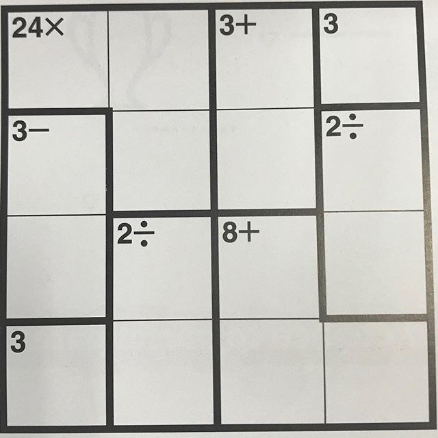 ReptonDXBMaths's tweet photo. To play, try to fill the grid so that each row and column has the numbers from 1 to 4. Each heavily outlined ‘cage’ has a target number and operation and when you use the numbers in the cage with the operation you must reach the target. E.g 3 - could be … https://t.co/uesLaEAF8y https://t.co/VKALBV1fyU