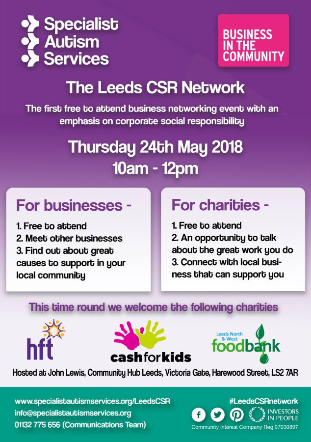 SASautism's tweet photo. Our LeedsCSRNetwork event is back on Thursday 24th May 2018 10am-12pm the 3 charities are @cashforkidsaire @Hftonline @north_leedsfood book your free tickets at https://t.co/VeH7UTa5ee
#Leedscsrnetwork #csr #networking #b2b #leeds #charity #network pls RT https://t.co/bfWf1EIvBq https://t.co/2tjBrUgLvN