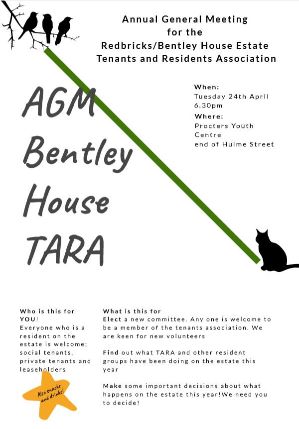 redbricksonline's tweet photo. #TheRedbricks AGM 24th April, 6:30pm.
All residents welcome - come along to find out what's been happening the last year, help decide plans for the next year, and volunteer to join the TARA committee to organise activities and events.
#CommunityEngagement #community #Hulme https://t.co/ql5R6sdSsb