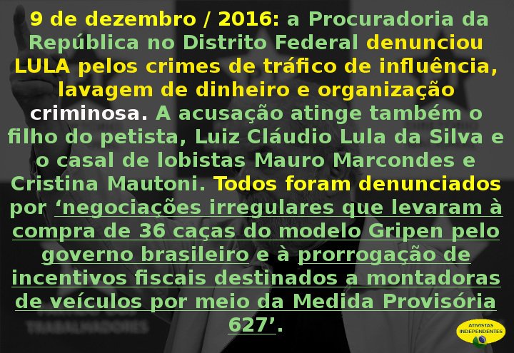 marcotulio78's tweet photo. @paulacamara_ Lula começa uma nova caminhada! Em breve receberá a sua 2a Condenação.

Interrogaórios marcados para 21 Jun/18
Inquérito: Caso Caças Gripen (Suécia)

Lavagem de dinheiro
Tráfico de influência
Organização criminosa

#LulaNaCadeia #BiCondenado #Prisao2aInstanciaSim #FimForo https://t.co/wsDsQmC8LK