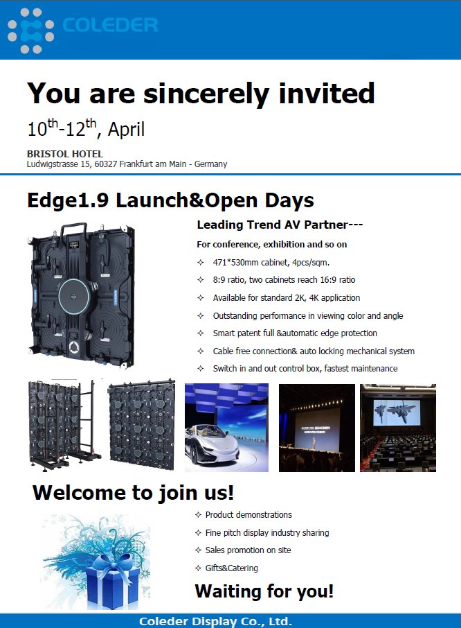 Jiao_Xie's tweet image. Good things happen in pairs, Coleder presents its best fine pitch LED screen for fixed installation and Edge1.9 rental use at opening launch in Bristol Hotel Frankfurt and NAB Show in Las Vegas. Welcome to join us in Frankfurt or Las Vegas during April 10th - 12th #Coleder #NAB