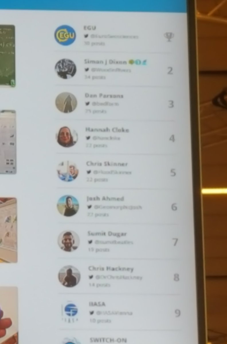 WoodinRivers's tweet photo. @Tom_Coulthard @FloodSkinner @Siccar_Point @AndyDoggerBank @EdwinBaynes @GeomorphicJosh @GIStuart Found an old photo of the #egu17 leaderboard. Good times. #EGU18 https://t.co/aj9sS7FILm