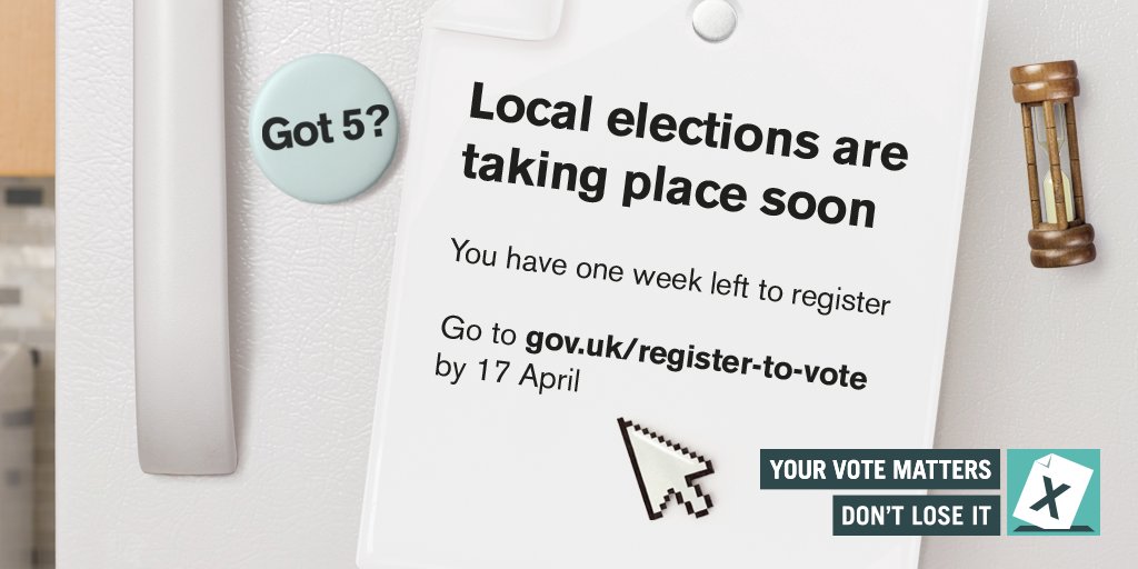 There’s just 1 week left to register to vote in the #localelections. So if you’ve #Got5 and aren’t already registered, register to vote now: bit.ly/2EGeVfQ