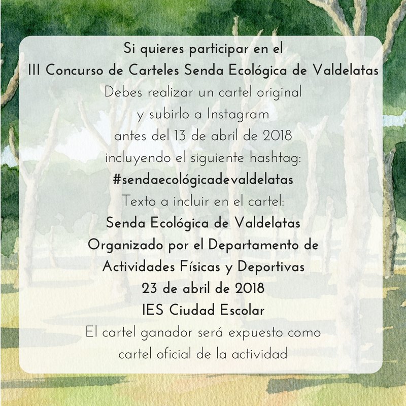 MaiteMdigital's tweet photo. Participa en nuestro Concurso de Carteles #sendaecológicadevaldelatas Ver bases en la imagen. #iesciudadescolar #gvec #marketingdigital https://t.co/Zk4BEyNI0x