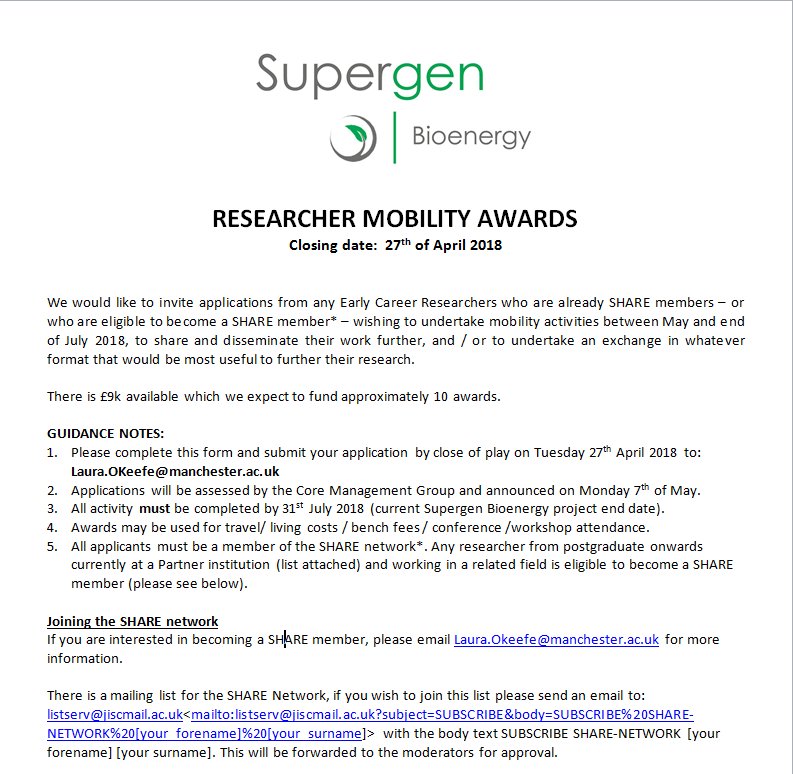 SupergenBioHub's tweet photo. Are you an early career researcher working on #bioenergy? Our Researcher Mobility Award is now open for applications - email Laura.OKeefe@manchester.ac.uk for more information #funding #ecr @EPSRC https://t.co/wAjII1ibd1