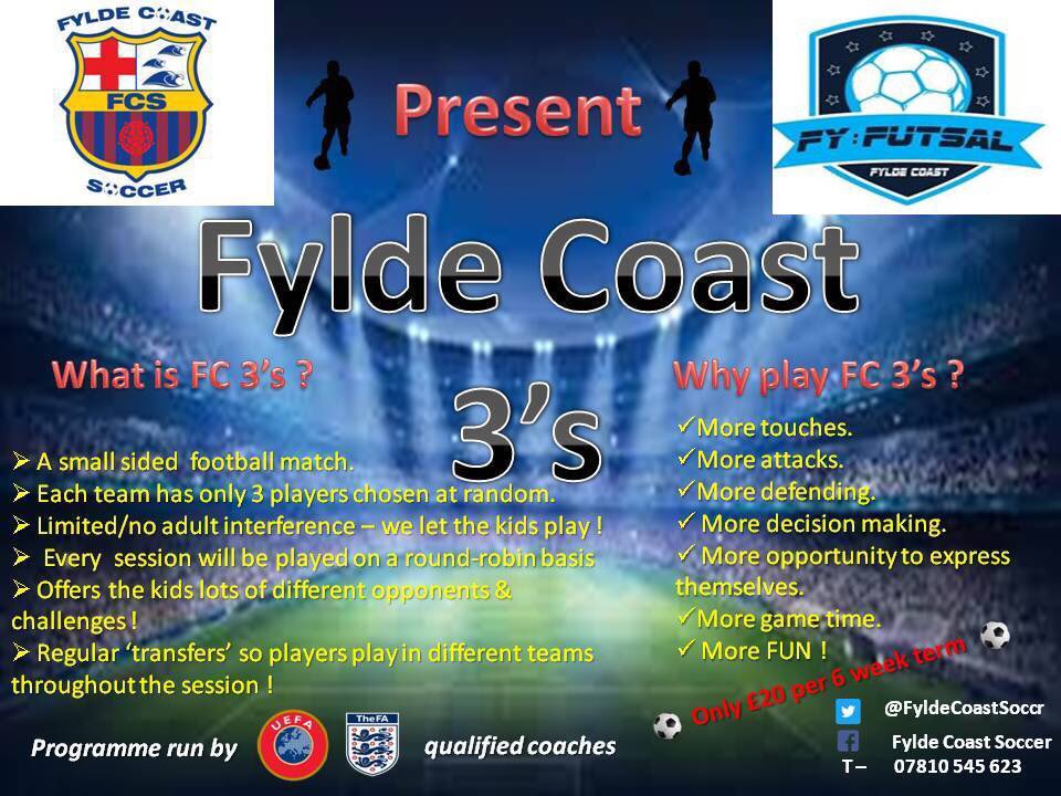 MikeMcGarvey5's tweet image. 🌟| HUGE NEWS | 🌟

@FyldeCoastSoccr is working closely with @BplFutsalto deliver:
💥| FY:3Style 
⚽| 3v3 Futsal 
🚀| Starts Friday 20th April @B_FCActive Sports Centre @ 630pm

➡️| COME as a team or as an individual player and we will create a team for you!

👕|AGES 7 upward