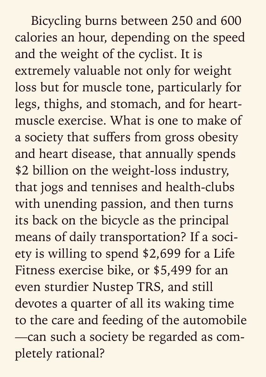Kirkpatrick Sale on the human scale in transport: no more efficient means have yet to be invented than the bicycle. Here he fat shames the entire US nation in the bargain. I am still not going to approve of them in cities. They are great for rural locations though.