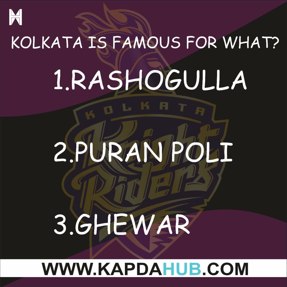kapdahub's tweet photo. Kolkata is famous for what? #kolkata #rashgulla #KKRvCSK #shahrukhkhan #ipl #cskvskkr #kapdahub #iplwithkapdahub #KKR https://t.co/vzikss9vtx