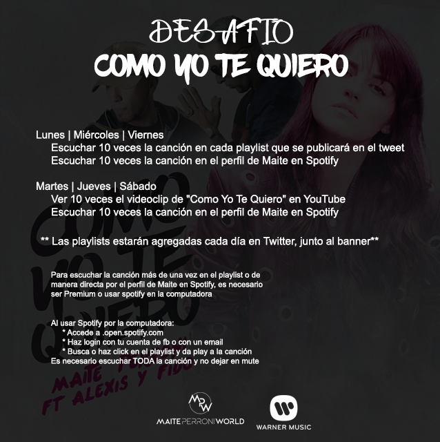 MPWBra's tweet photo. Desafio #ComoYoTeQuiero 
Dia 2::
- Como Yo Te Quiero Video https://t.co/q6eeLWjYD0 [Deslogue da sua conta]
- Perfil @MaiteOficial Spotify https://t.co/AnEUDP8Yts
Extra:: Exitos Mexico https://t.co/3Q1JsdaLv4
(@MaitePWorld) https://t.co/RONABv5isJ
