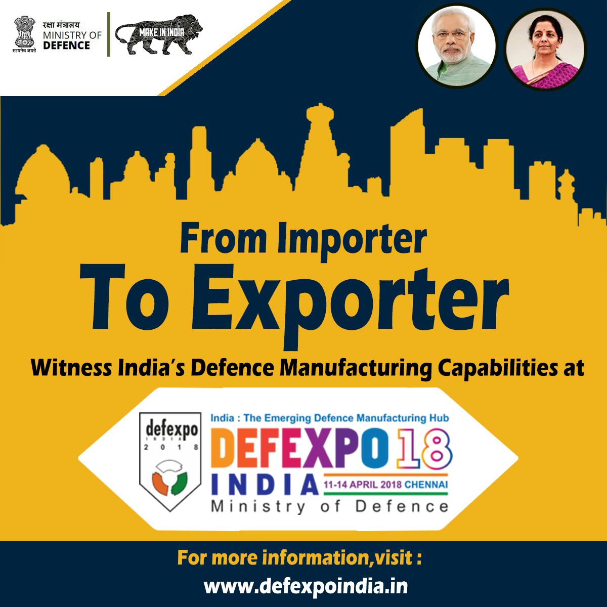 #DefExpo18 : Hon’ble Prime Minister <a href="/narendramodi/">Narendra Modi</a> to inaugurate DefExpo18 on 12th April. This edition of expo aims to showcase India's defence manufacturing capabilities to the world. 
#DefExpoArambham 

bit.ly/2GOMt8y