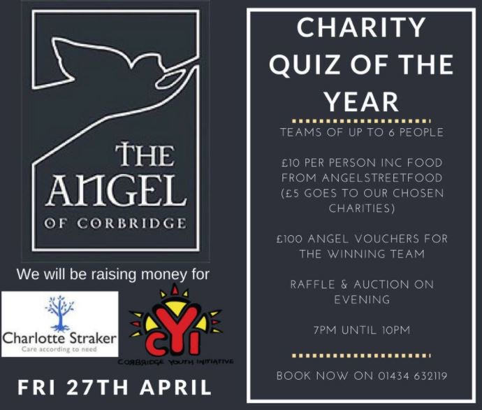 charlottestrake's tweet photo. We've had a short break, but now we're back! The first thing to publicise is the @AngelCorbridge fabulous QUIZ OF THE YEAR on 27th April, in aid of ourselves and the Corbridge Youth Initiative. Tickets are only £10. Please RT! https://t.co/AeEsUZxTaS https://t.co/IL2SPk80aw