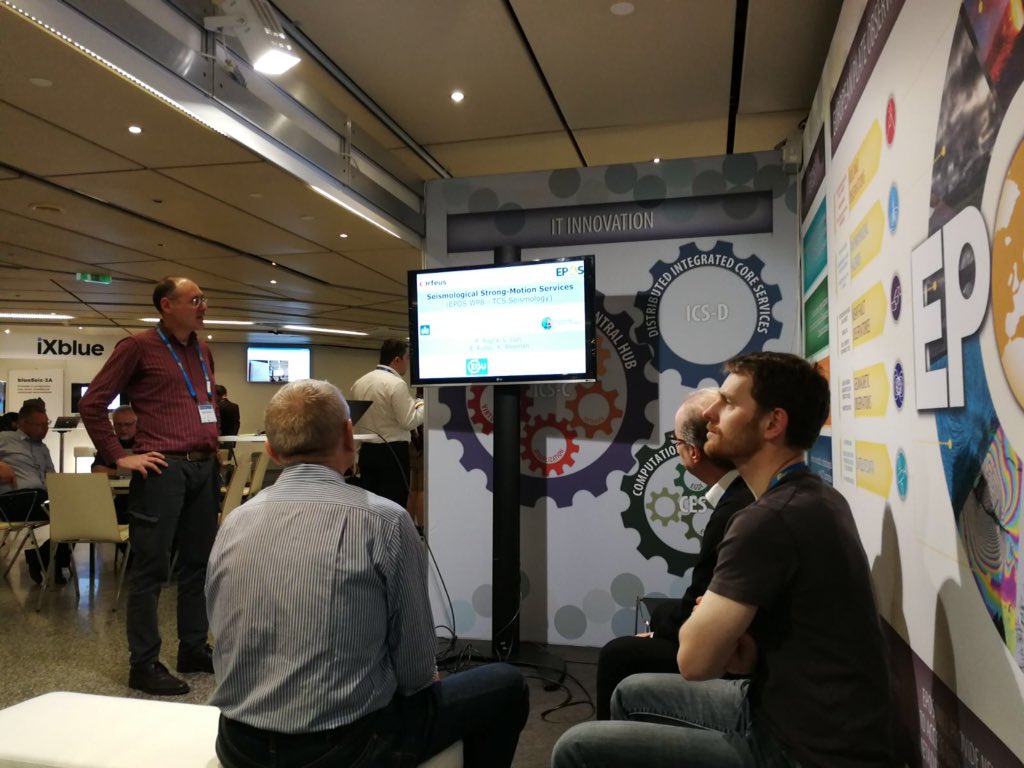 EPOSeu's tweet photo. Rodolfo Puglia presents Seismological Strong Motion Services at EPOS booth 112-113 first floor #EGU2018 https://t.co/XyFjV2eWkQ