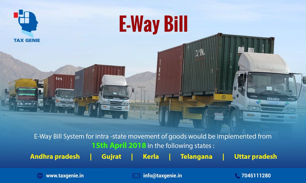 taxgenie_'s tweet photo. Press release on roll out of e-way bill for intra-State movement of goods for the States of Andhra Pradesh, Gujarat, Kerala, Telangana & Uttar Pradesh #GST #GSTClinic #workshop #event #MeetGSTExpert #GSTqueries #HACCode #SACCode #GSTInvoice #GSTInvoicing https://t.co/gM2jKJ2Rmb