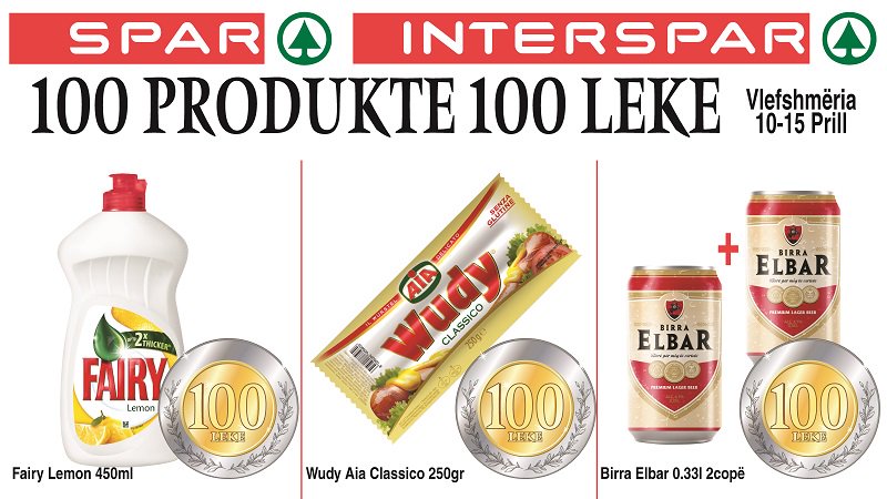 SPAR_AL's tweet photo. Rikthehet oferta më e dashur për të gjithë! Njëqind produkte të markave më të mira vetëm për 100 lekë në të gjithë rrjetin Spar dhe Interspar deri më 15 prill! #spar #jetomemire #shpenzomepak #PartofBalfinGroup 😀🛒🔝 https://t.co/H5EBCdBbJq