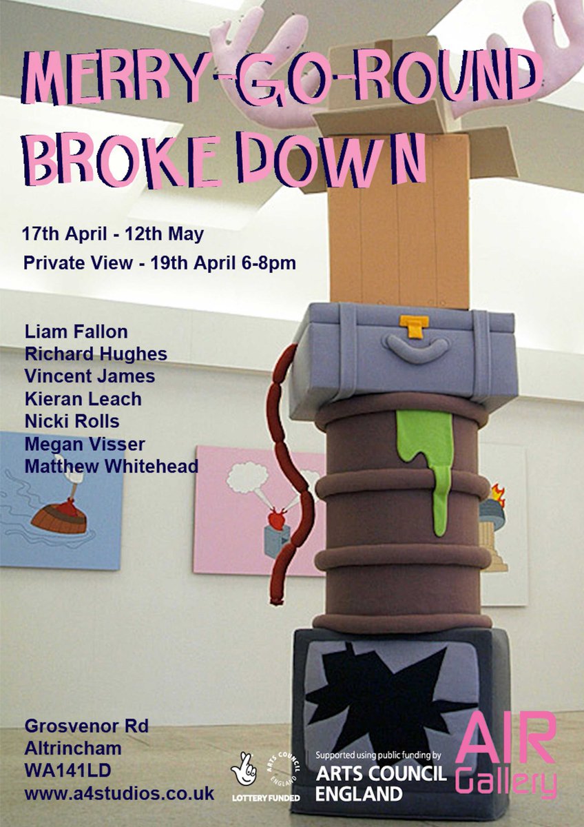 AIRArtGallery's tweet photo. Our new show Merry-Go-Round Broke Down will be opening on 17th April featuring work by artist Vincent James. Come for the private view on 19th, 6-8pm!
#MerryGoRoundBrokeDown #VincentJames #AIRgallery #exhibition #toonculture #contemporary #openingsoon #altrincham #manchester #art https://t.co/XtWLw4rl9E