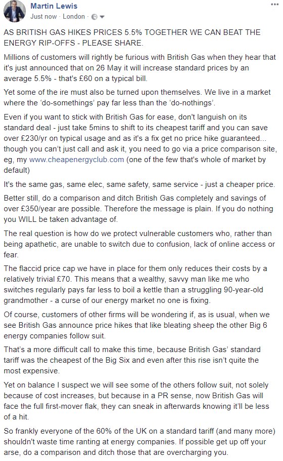 MartinSLewis's tweet image. AS BRITISH GAS HIKES PRICES 5.5% - TOGETHER WE CAN BEAT ENERGY RIP OFFS - PLEASE SHARE...