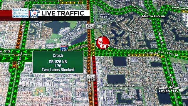 CRASH: SR-826 NB & I-75. Two lanes are blocked. #TRAFFICALERT #MIAMI https://t.co/gs5Yrig449