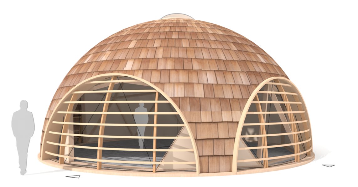 Centrale ruimte Ecoresort in Portugal met geodetische koepelconstructie en bedekking met shingles. <a href="/Arc2architecten/">Arc2 architecten</a> <a href="/abluning/">ABL</a>