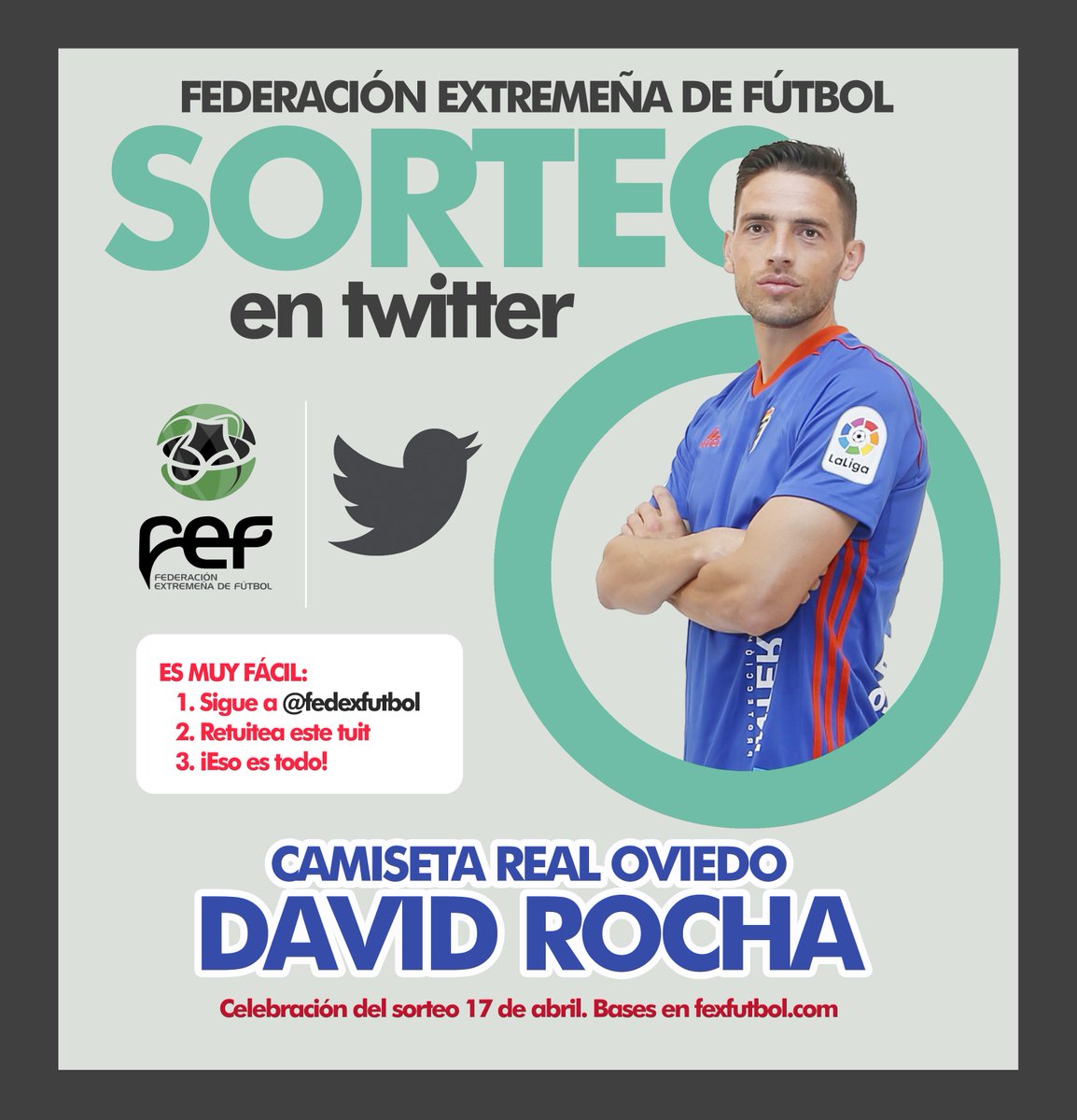 FedExFutbol's tweet photo. 🎲¡SORTEO! ✅Sigue a @FedExFutbol, 🔁Retuitea este tuit y gana 1 CAMISETA de @davidmarocha, el extremeño del @RealOviedo | ¡ASÍ DE FÁCIL! 📅Celebración del sorteo el martes 17 de abril ¡A qué esperas!🎁🎁🎁 https://t.co/zoffYCZcEV