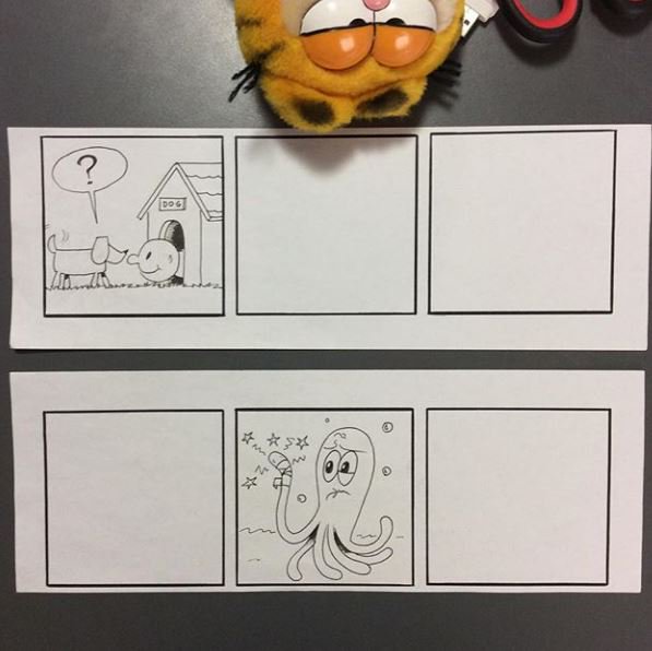 sarjakuvaoulu's tweet photo. Comic Strips! With missing panels? How does the Story end? #YOU decide! #comicbookworkshop #oulucomics https://t.co/LbTxlC1YyY