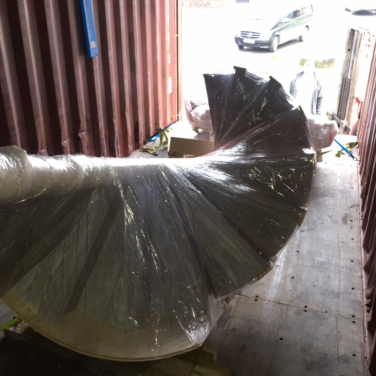 Spiral1966's tweet photo. One of our 'Levitate' stairs was loaded into a container this morning and is now heading to a villa in Barbados! #staircase #worldwide #bespoke #design #spiral #stair #shipping https://t.co/YpNWXqps1X