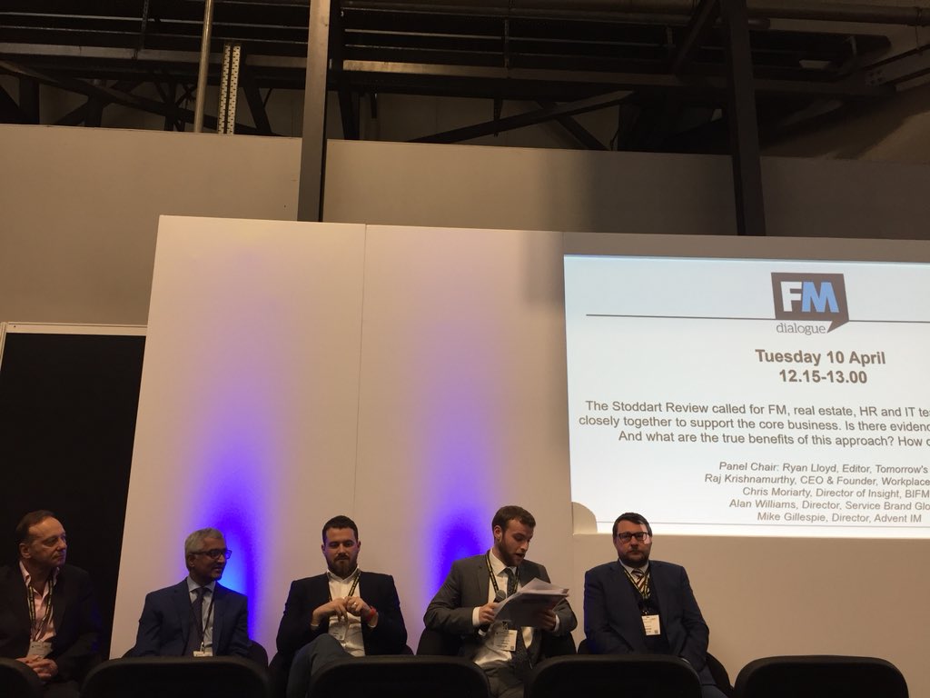 WorkplaceEvent's tweet photo. Second panel debate chaired by Ryan Lloyd of @TomorrowsFM joined by @WorkplaceFABRIC @Advent_IM_MD, Alan Williams and Chris Moriarty #FacilitiesEvent18 #StoddartReview #FMdialogue https://t.co/CzYEq94XSf