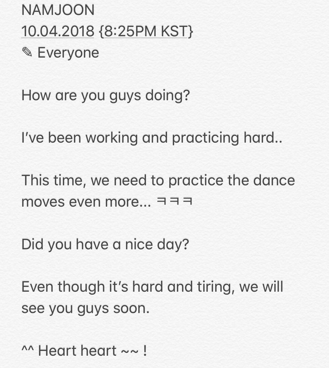 haruharu_w_bts's tweet photo. NAMJOON
10.04.2018 {8:25PM KST}
✎ Everyone https://t.co/OvnUr5bL34