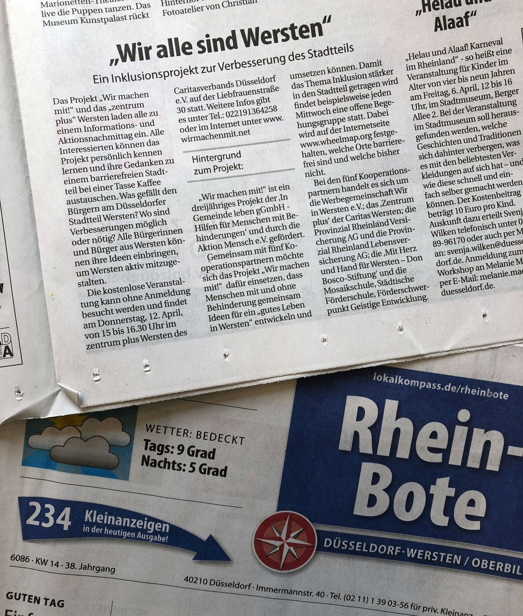 wir_machen_mit's tweet photo. #Rheinbote #Düsseldorf kündigt unsere Informationsveranstaltung am 12. April an. Vielen Dank! @lokalkompass_de #wirgemeinsam #wirmachenmit #barrierefreiebeteiligung #veranstaltung #inklusion #teilhabe #partizipation @aktion_mensch #iglmachtzukunft @Caritas_web #zentrumplus https://t.co/K5CoRHYsgP